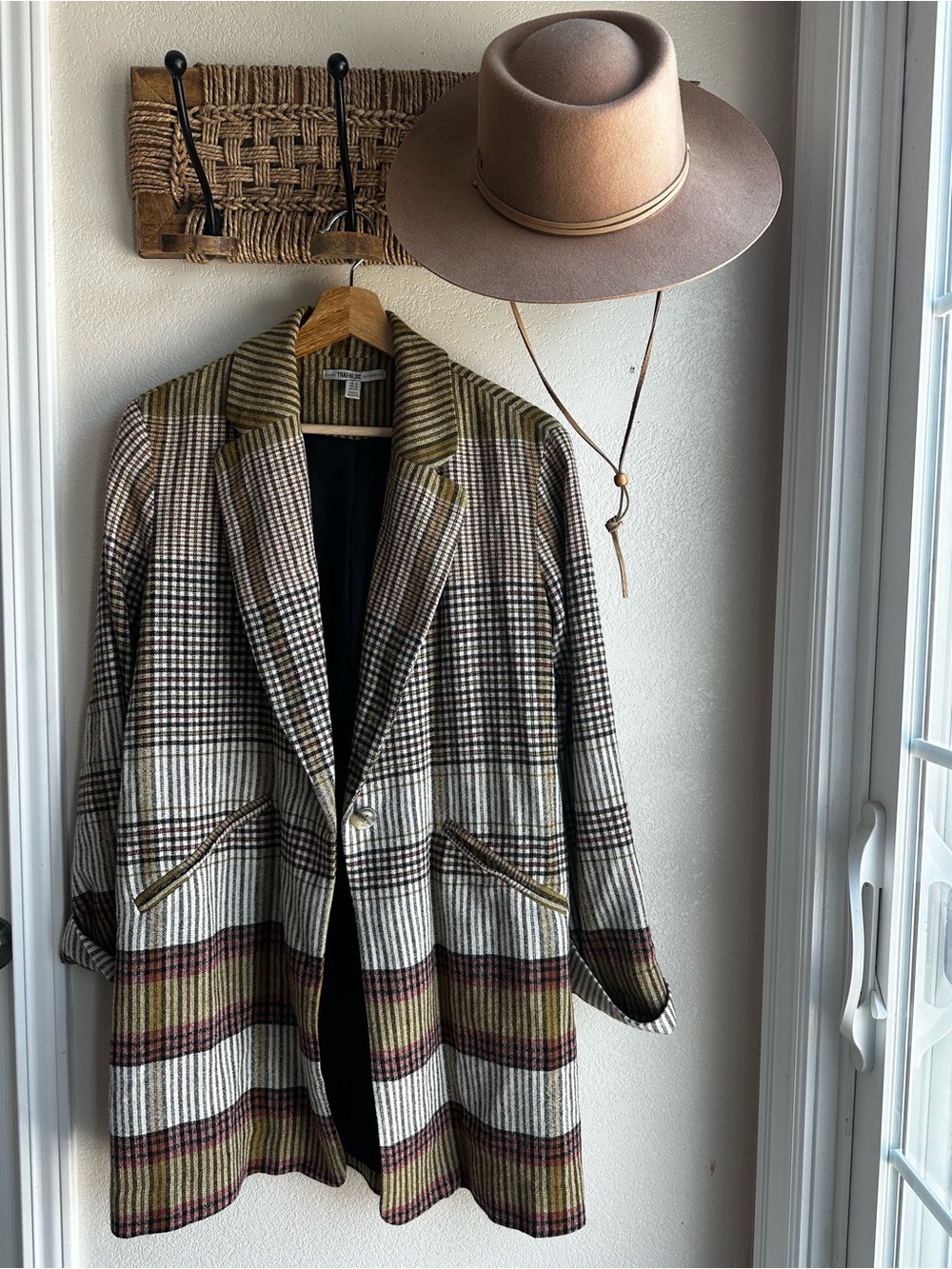 Zara Plaid Long Blazer in Olive, Brown & Cream